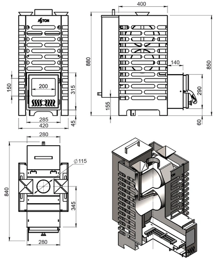 Печь для бани ASTON 20 стекло "АКВА" - 3