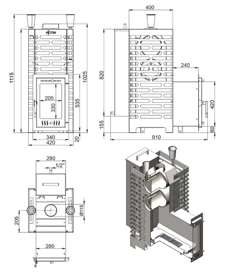 Печь для бани ASTON 24 INOX (310М) Long АКВА - 3