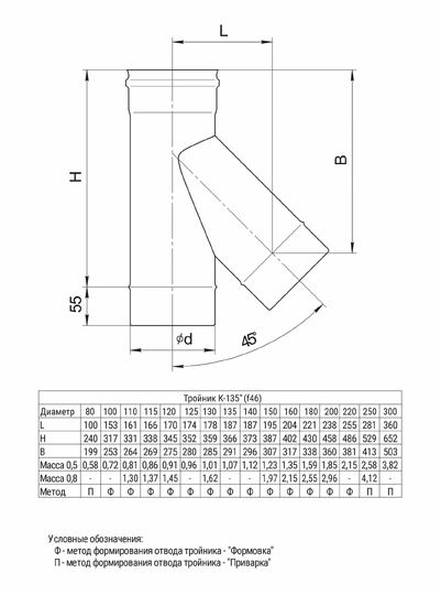 Ferrum HF тройник-К 135° (430/0,8мм) Ф160 - 1