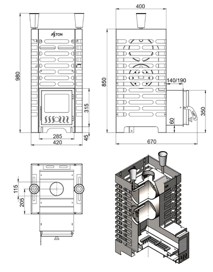 Печь для бани ASTON 20 INOX стекло - 2