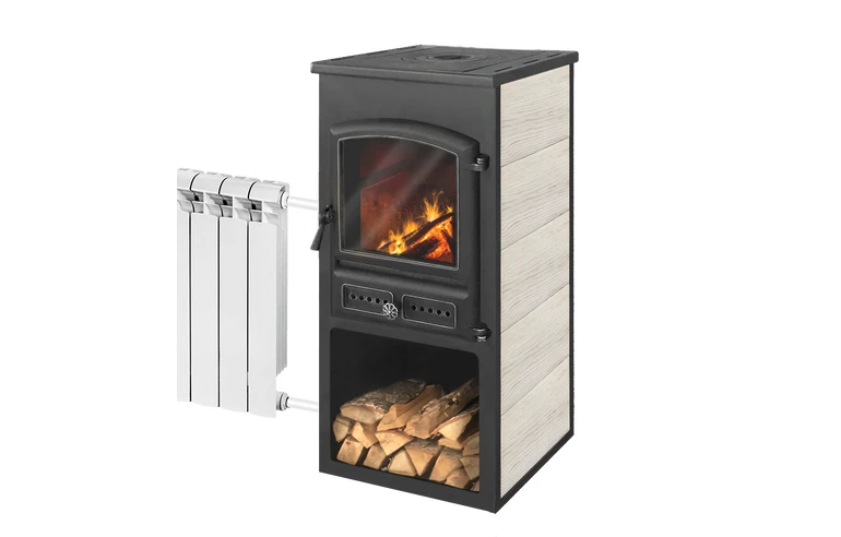 Печь-камин ЭТНА (БКД) с плитой и теплообменником Беж высокий