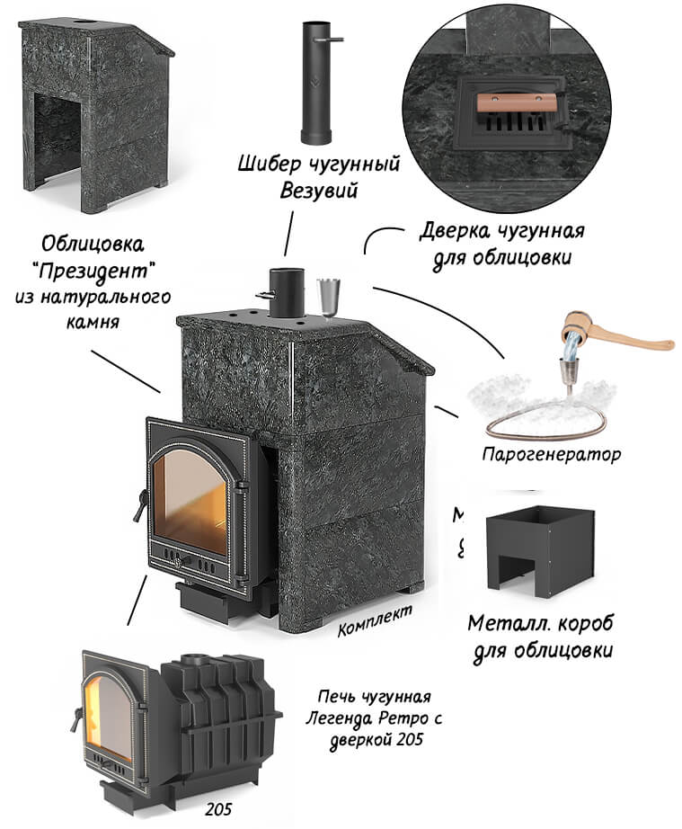 Комплект Везувий Президент «Легенда Ретро 205» талькохлорит, S-40 - 2min