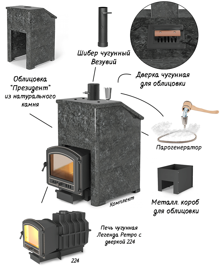 Комплект Везувий Президент «Легенда Ретро 224» пироксенит Элит, S-40 - 2min