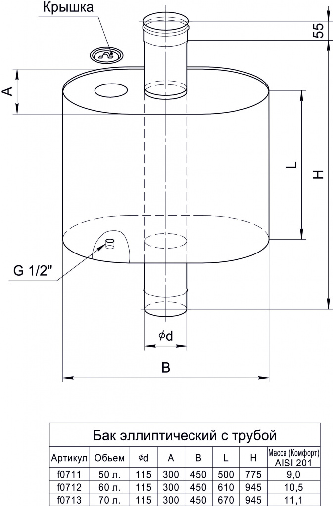 Бак Ferrum Комфорт эллиптический с трубой 60л - 1min